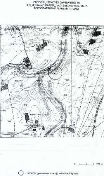 Papyvesių senovės gyvenvietės ir senųjų kaimo kapinių, vad. Švedkapiais, vieta topografiniame plane (M 1:10000) // Dakanis B. Papyvesių senkapis ir senovės gyvenvietė: IP2392/1-2/A (Pasvalio r.) 1999 m. žvalgomųjų archeologijos tyrimų ataskaita. – Vilnius, 1999.