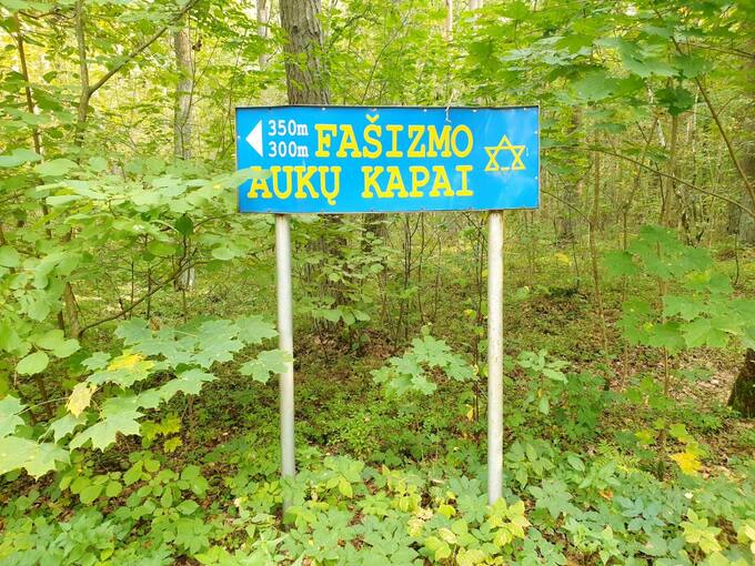 Rodyklė veda link memorialo holokausto aukoms atminti Žadeikių miške. Tomos Mikalajūnaitės nuotrauka, 2020