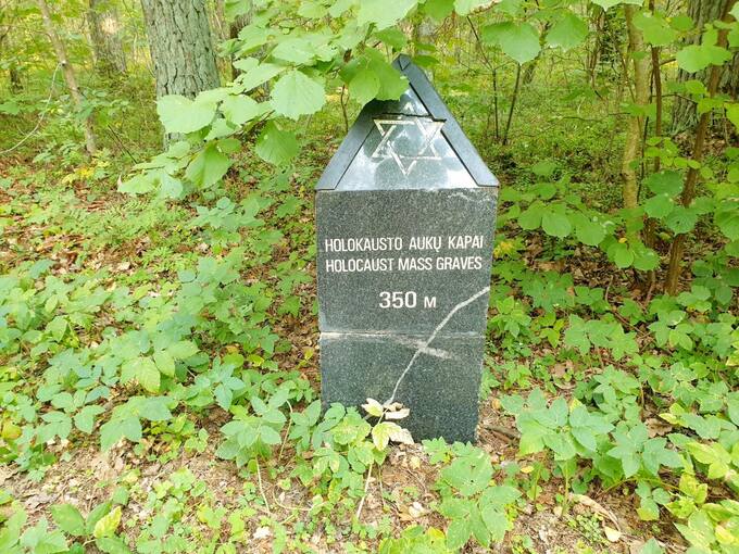 Rodyklė veda link memorialo holokausto aukoms atminti Žadeikių miške. Tomos Mikalajūnaitės nuotrauka, 2020