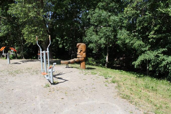 Skulptūra poeto Vlado Braziūno draugiškas šaržas Svalios parkelyje „Pasvalio Šveicarijoje“.  Aidos Leimontaitės nuotrauka, 2019