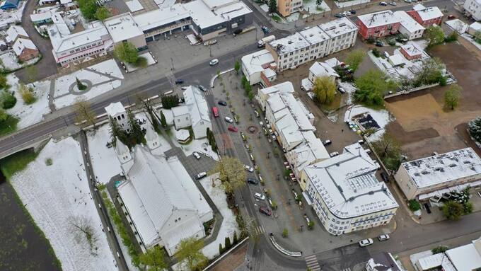 Pasvalio miesto istorinio centro vaizdas iš paukščio skrydžio. Dainiaus Vareikos nuotrauka, 2020