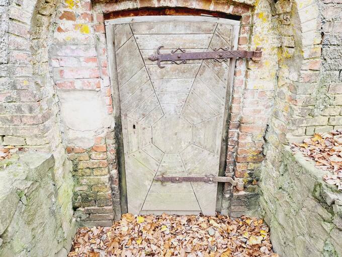 Saločių dvaro rūsio durys su senovės kalvių nukaltais vyriais. Tomos Mikalajūnaitės nuotrauka, 2020