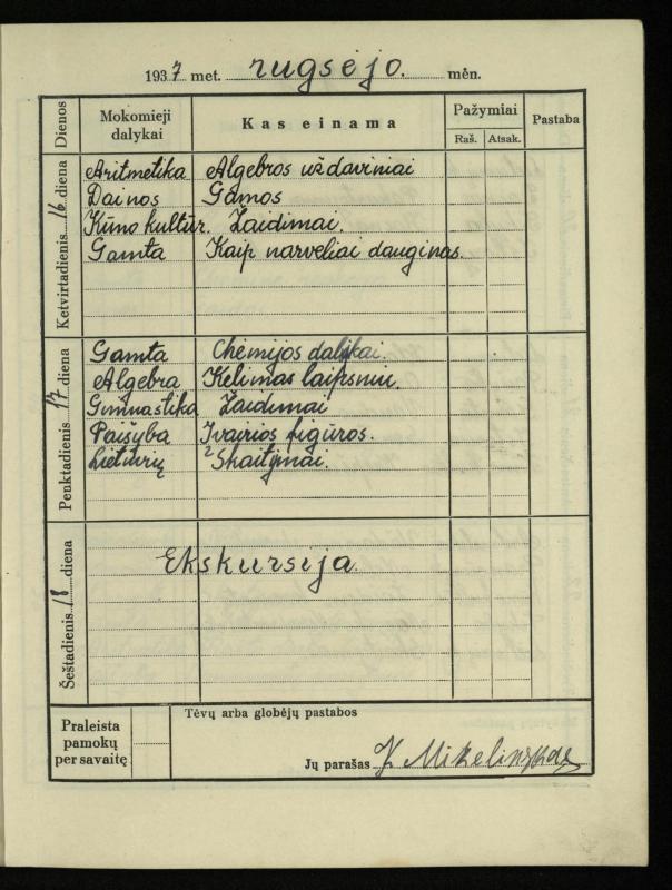 Pasvalio inž. P. Vileišio valstybinės gimnazijos I klasės mokinio Jono Mikelinsko dienynas. 1937–1938 m.