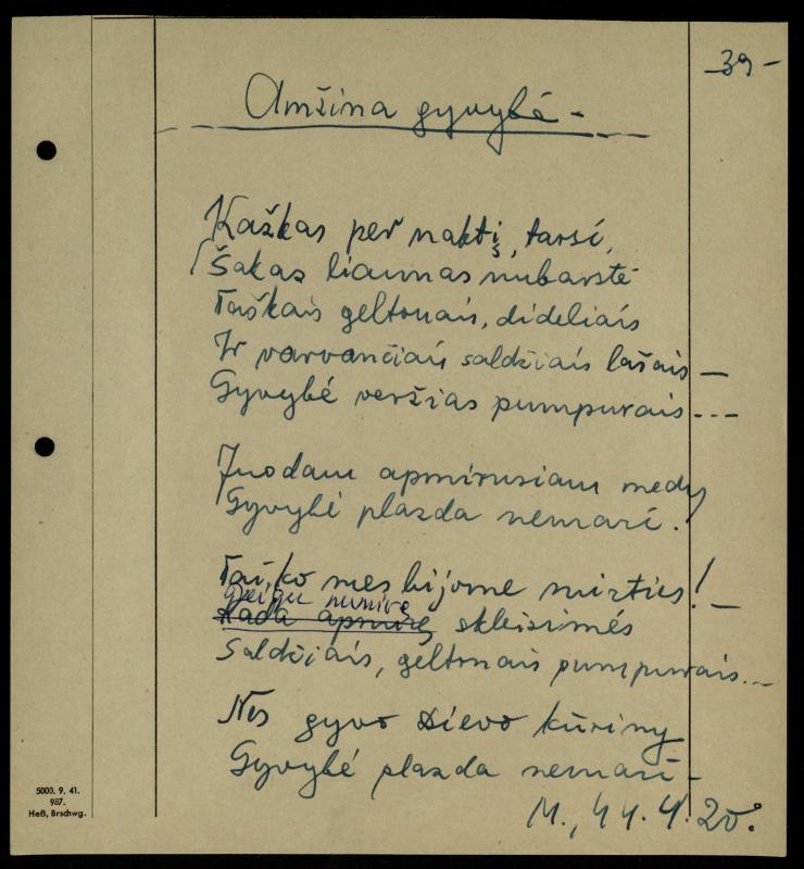 Rašytojo, savaitraščio „Tėviškės Žiburiai“ redaktoriaus Česlovo Senkevičiaus eilėraščiai. 1944–1946 m.
