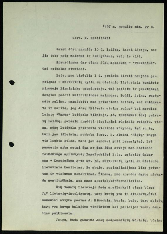 Žurnalisto Vytauto Kazakevičiaus ir rašytojų Mariaus Katiliškio, Zinaidos Nagytės-Katiliškienės korespondencija. 1966–1984 m.