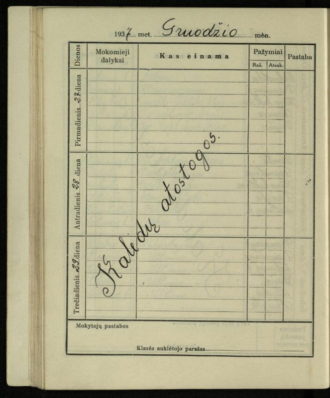 Pasvalio inž. P. Vileišio valstybinės gimnazijos I klasės mokinio Jono Mikelinsko dienynas. 1937–1938 m.