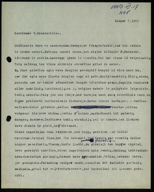 Žurnalisto Vytauto Kazakevičiaus ir rašytojų Mariaus Katiliškio, Zinaidos Nagytės-Katiliškienės korespondencija. 1966–1984 m.