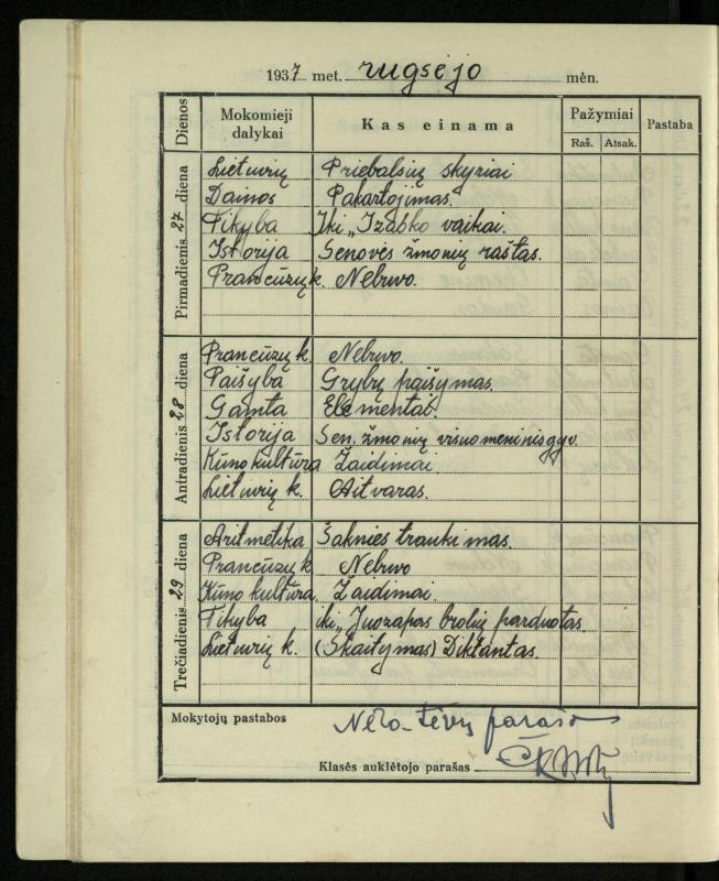 Pasvalio inž. P. Vileišio valstybinės gimnazijos I klasės mokinio Jono Mikelinsko dienynas. 1937–1938 m.
