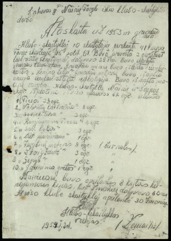 Linkuvos r. Nairių Tarybinio ūkio klubo-skaityklos darbo ataskaita (tekstinė), 1953 m. gruodžio mėn.