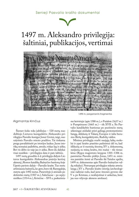Šiaurietiški atsivėrimai : Pasvalio krašto istorijos ir kultūros žurnalas 2017, nr. 1 (42)