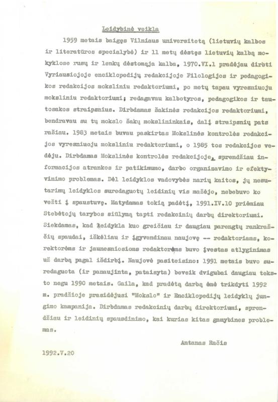 Lietuvių filologo, „Visuotinės lietuvių enciklopedijos“ vyriausiojo redaktoriaus, vertėjo, žurnalisto Antano Elizeušo Račio darbas „Leidybinė veikla“