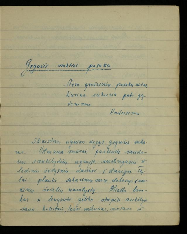 Žurnalisto, literato, vertėjo Kazimiero Pūro kūrybos I sąsiuvinis. Apsakymas (autobiografinė impresija), 1950 m.