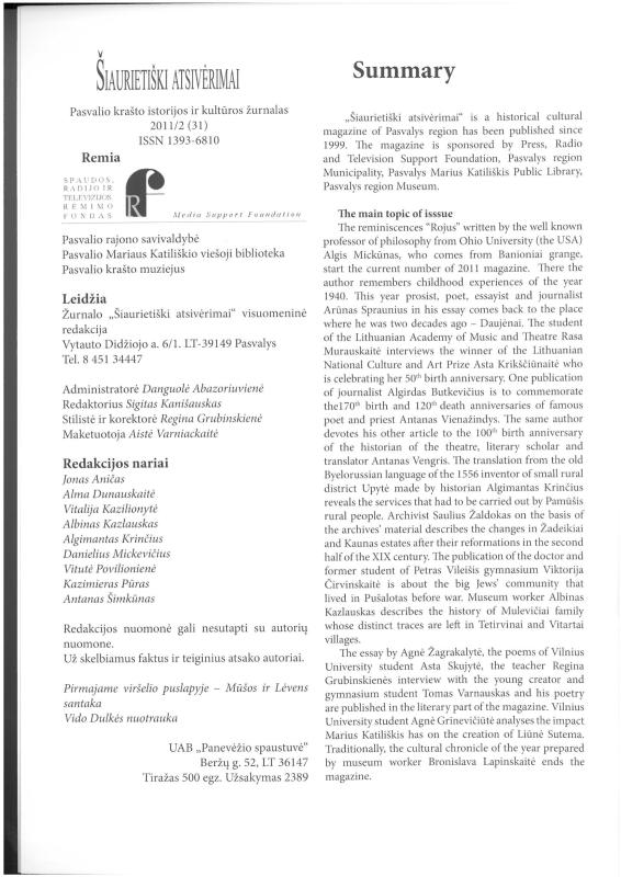 Šiaurietiški atsivėrimai : Pasvalio krašto istorijos ir kultūros žurnalas 2011, nr. 2 (31)