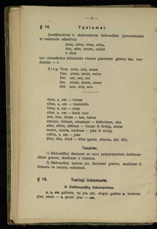 Lotynų kalbos etimologija ir pirmieji sintaksės dalykai: vidurinėms mokykloms vadovėlis (3-sios ir 4-sios kl. kursas) / K. Kliuksinas. – Kaunas: kooperacijos sąjungos „Spaudos fondo“ leidinys, 1932. – 131, [4] p.