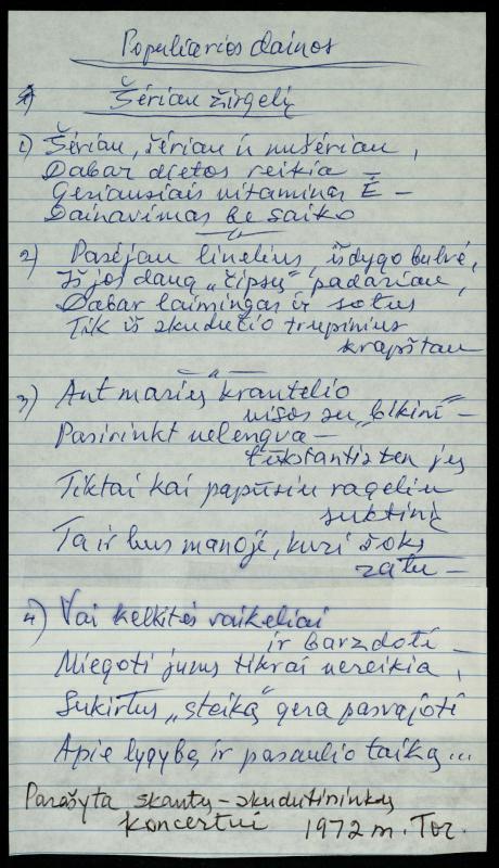 Rašytojo, savaitraščio „Tėviškės Žiburiai“ redaktoriaus Česlovo Senkevičiaus „Populiarios dainos. Šėriau žirgelį“. Torontas, 1972 m.