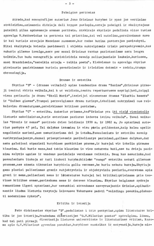 Rašytojo, savaitraščio „Tėviškės Žiburiai“ redaktoriaus Česlovo Senkevičiaus recenzija „Pasaulėžiūros ir estetikos sandūros. Monografija apie dr. Joną Grinių“