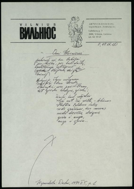 Rankraštis. Vladas Braziūnas. Onai Bluzmienei. 1994 m.
