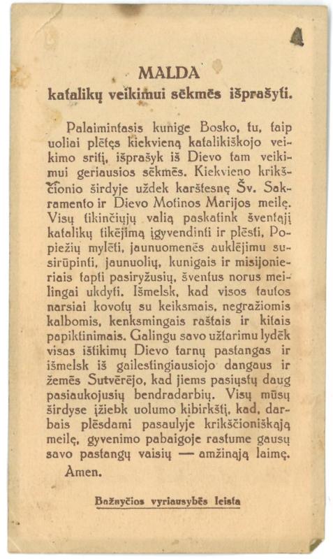 Religinis paveikslėlis. „Palaimintasis kun. Jonas Bosko“. Kitoje paveikslėlio pusėje – „Malda katalikų veikimui sėkmės išprašyti“