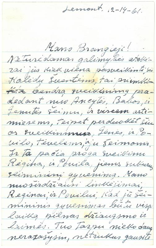 Kazio Balčiūno (slapyv. K. Chesek) laiškas  artimiesiems. 1961 m. gruodžio 14 d.