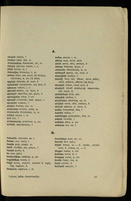 Lotynų kalbos chrestomatija: vidurinėms mokykloms vadovėlis (3-sios ir 4-sios klasės kursas) / K. Kliuksinas. – [Kaunas]: Koper. s-ga „Spaudos fondas“, 1932. – 191 p.
