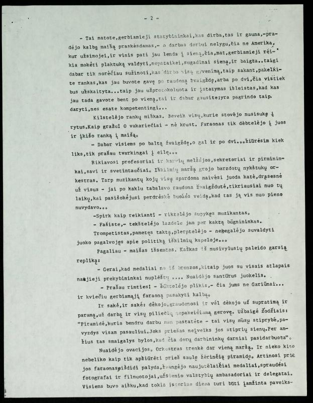 Rašytojo, savaitraščio „Tėviškės Žiburiai“ redaktoriaus Česlovo Senkevičiaus novelė „Piramidė (Linksmadienio užrašai)“