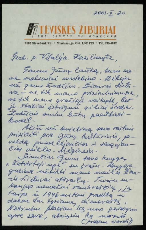 Rašytojo, savaitraščio „Tėviškės Žiburiai“ redaktoriaus Česlovo Senkevičiaus laiškai Pasvalio Mariaus Katiliškio viešosios bibliotekos bibliotekininkei Vitalijai Kazilionytei. 2001–2012 m.