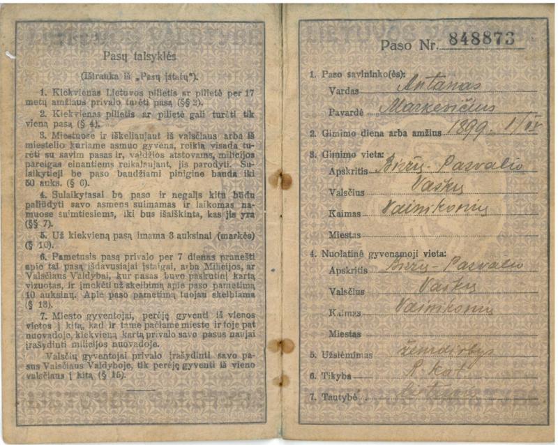 Biržų-Pasvalio apskr. Vaškų vlsč. Vainikonių k. [dabar – Vainekoniai] gyventojo Antano Markevičiaus pasas, išduotas 1924 m. sausio 7 d. Paso Nr. 848873.