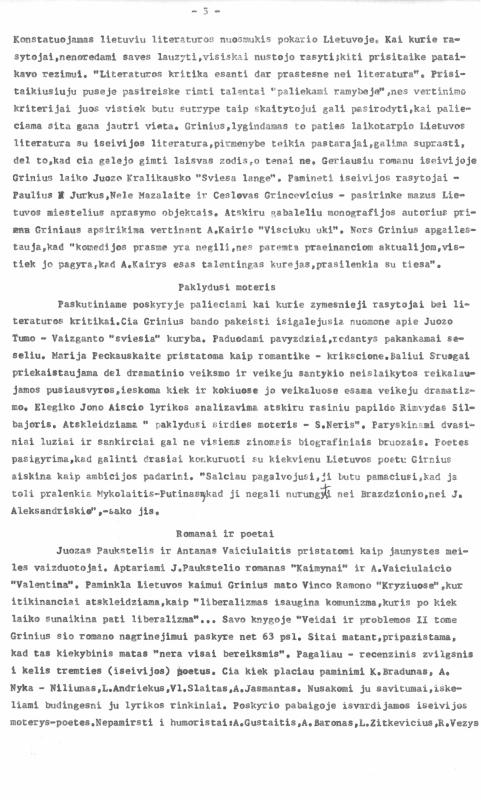 Rašytojo, savaitraščio „Tėviškės Žiburiai“ redaktoriaus Česlovo Senkevičiaus recenzija „Pasaulėžiūros ir estetikos sandūros. Monografija apie dr. Joną Grinių“