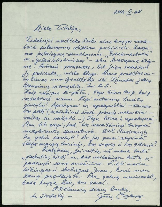 Rašytojo, savaitraščio „Tėviškės Žiburiai“ redaktoriaus Česlovo Senkevičiaus laiškai Pasvalio Mariaus Katiliškio viešosios bibliotekos bibliotekininkei Vitalijai Kazilionytei. 2001–2012 m.
