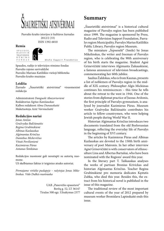 Šiaurietiški atsivėrimai : Pasvalio krašto istorijos ir kultūros žurnalas 2012, nr. 2 (33)