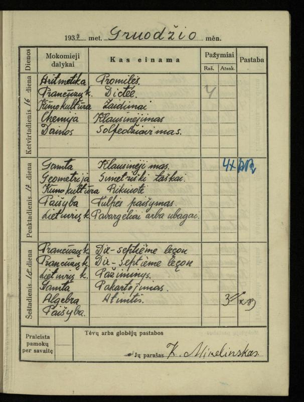 Pasvalio inž. P. Vileišio valstybinės gimnazijos I klasės mokinio Jono Mikelinsko dienynas. 1937–1938 m.