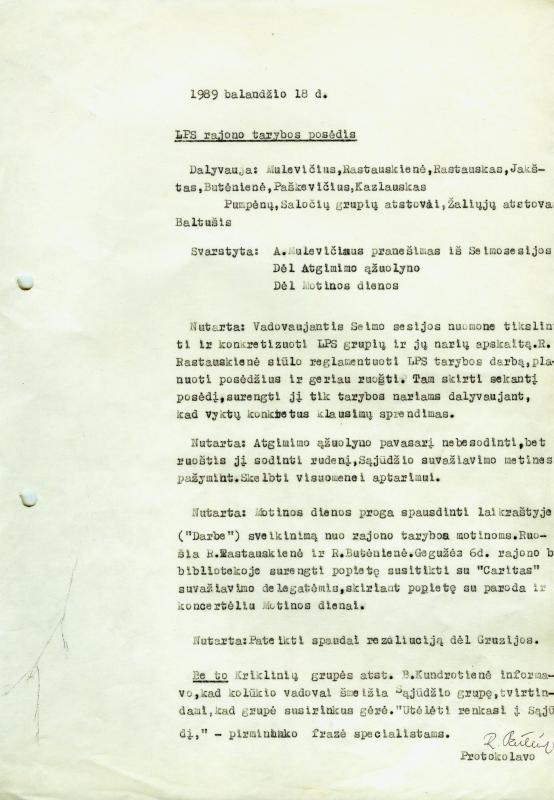 LPS rajono tarybos 1989 m. balandžio 18 d. posėdis. Protokolas