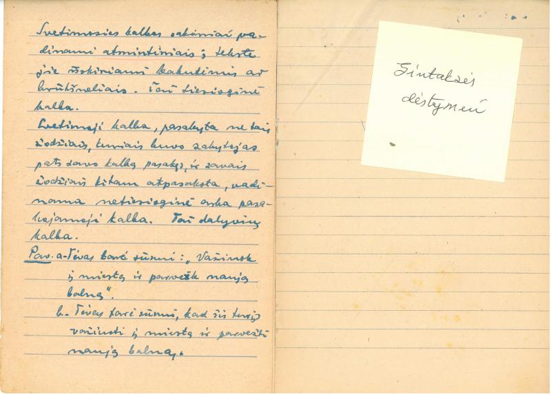 Rašytojo, savaitraščio „Tėviškės Žiburiai“ redaktoriaus Česlovo Senkevičiaus konspektai „Lietuvių kalbos sintaksė“