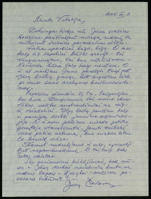 Rašytojo, savaitraščio „Tėviškės Žiburiai“ redaktoriaus Česlovo Senkevičiaus laiškai Pasvalio Mariaus Katiliškio viešosios bibliotekos bibliotekininkei Vitalijai Kazilionytei. 2001–2012 m.
