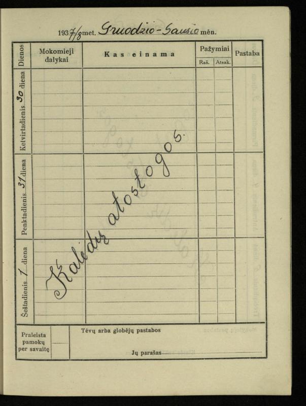 Pasvalio inž. P. Vileišio valstybinės gimnazijos I klasės mokinio Jono Mikelinsko dienynas. 1937–1938 m.