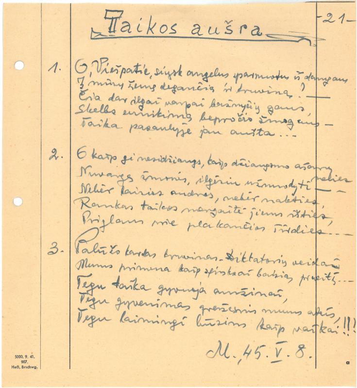 Rašytojo, savaitraščio „Tėviškės Žiburiai“ redaktoriaus Česlovo Senkevičiaus eilėraščiai. 1944–1946 m.
