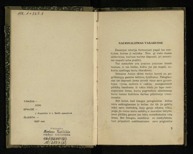 Nacionalizmas: nacionalizmas Vakaruose; Nacionalizmas Japonijoj; Nacionalizmas Indijoj / Rabindranath Tagore. – Kaunas: [s.n.], 1937. – 122, [2] p.