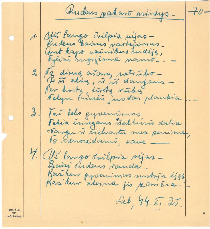 Rašytojo, savaitraščio „Tėviškės Žiburiai“ redaktoriaus Česlovo Senkevičiaus eilėraščiai. 1944–1946 m.