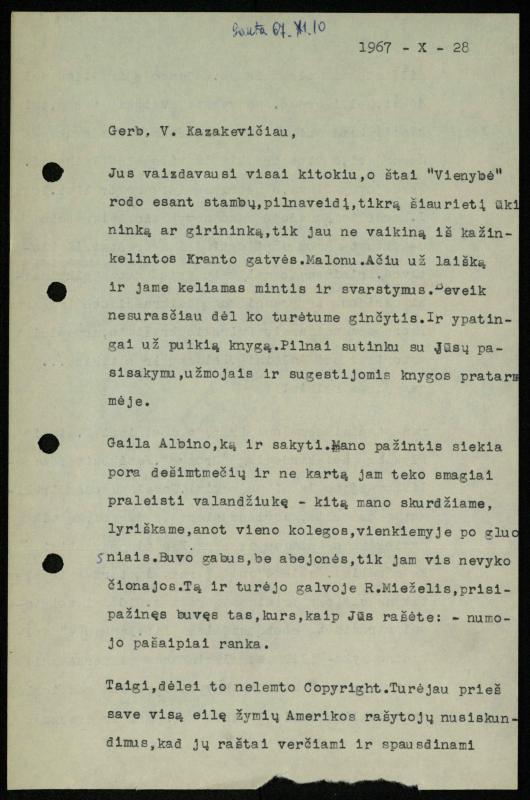 Žurnalisto Vytauto Kazakevičiaus ir rašytojų Mariaus Katiliškio, Zinaidos Nagytės-Katiliškienės korespondencija. 1966–1984 m.