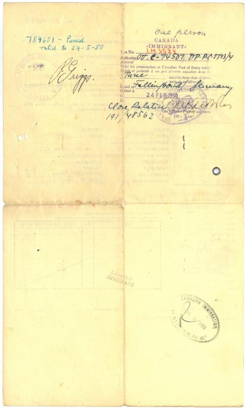 Tarptautinės pabėgėlių organizacijos (IRO) pažymėjimas dėl emigracijos į Kanadą, išduotas Česlovui Senkevičiui. Fallingbostel, 1950 m. vasario 14 d.