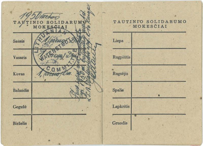 Lietuvių tremtinių bendruomenės mokesčių knygelė, išduota Česlovui Senkevičiui. 1948–1950 m.