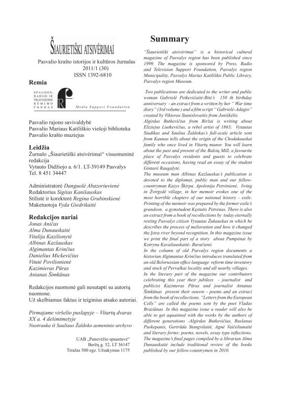 Šiaurietiški atsivėrimai : Pasvalio krašto istorijos ir kultūros žurnalas 2011, nr. 1 (30)