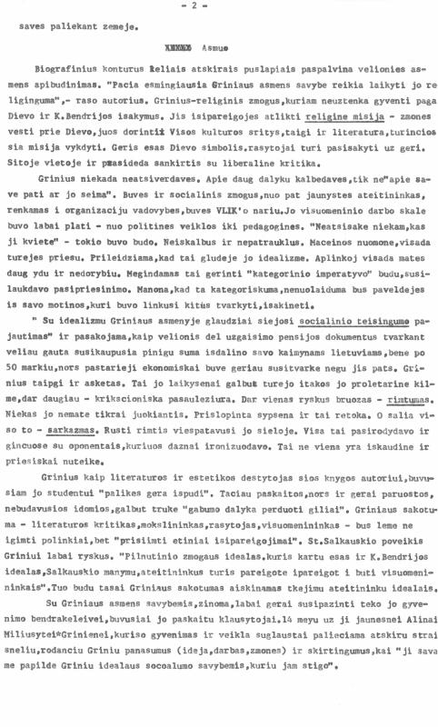 Rašytojo, savaitraščio „Tėviškės Žiburiai“ redaktoriaus Česlovo Senkevičiaus recenzija „Pasaulėžiūros ir estetikos sandūros. Monografija apie dr. Joną Grinių“