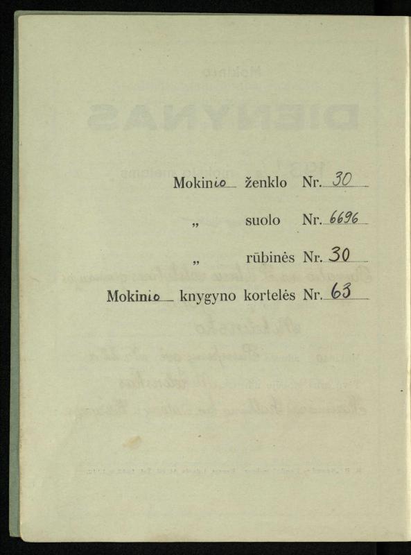 Pasvalio inž. P. Vileišio valstybinės gimnazijos I klasės mokinio Jono Mikelinsko dienynas. 1937–1938 m.