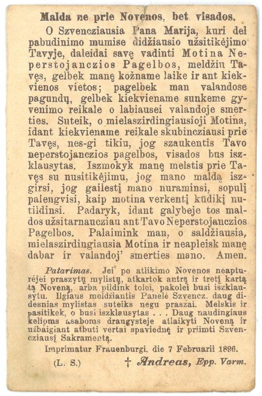 Religinis paveikslėlis. „Szv. Alfonsas Ligourijus“. Kitoje paveikslėlio pusėje – malda lietuvių kalba, Varmijos vyskupo Andriejaus (Andreas) Fromborke (Frauenburgi) leidimas spausdinti 1896 m. vas. 7 d. (lot.)