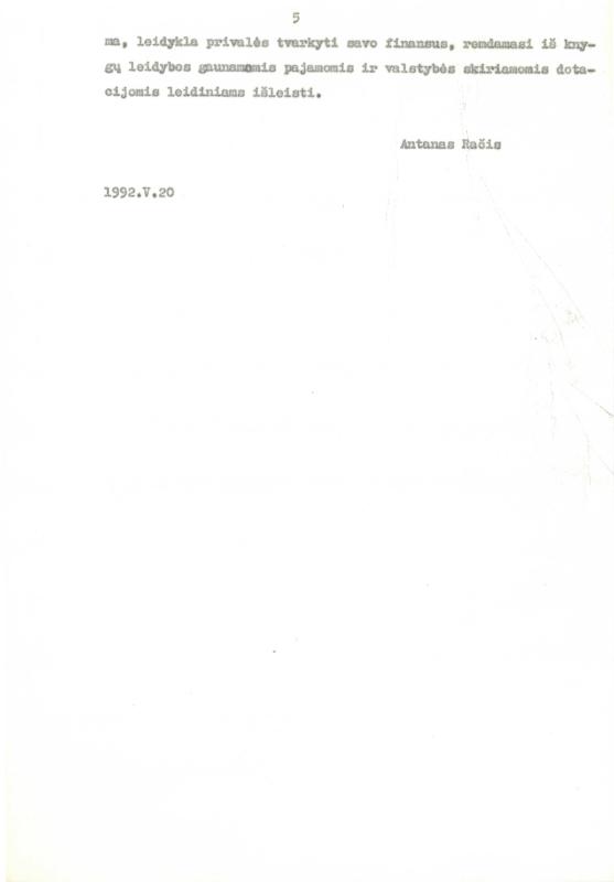Lietuvių filologo, „Visuotinės lietuvių enciklopedijos“ vyriausiojo redaktoriaus, vertėjo, žurnalisto Antano Elizeušo Račio darbas „Specifinės paskirties Valstybinės mokslo ir enciklopedijų leidyklos (ir jos direktoriaus) veiklos programa“