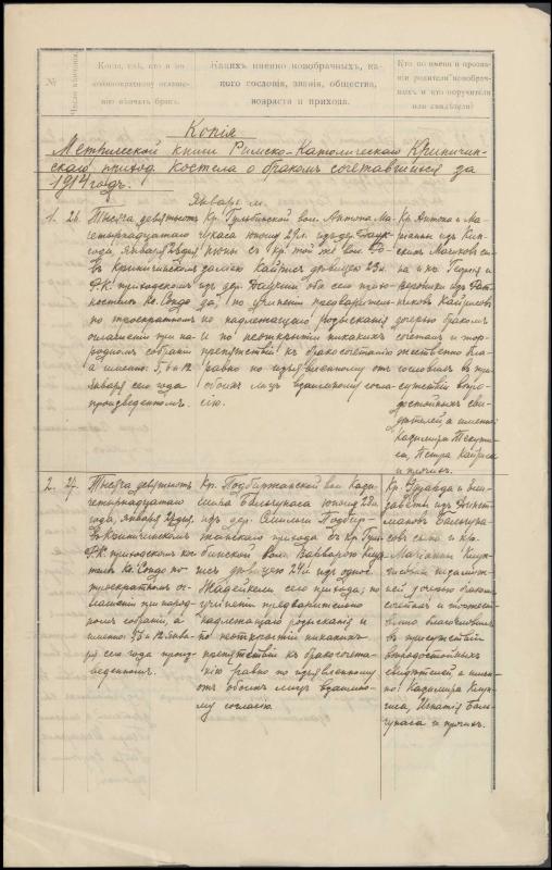 Krinčino Romos katalikų parapijos bažnyčios 1914 metų krikšto ir mirties metrikų kopijos, fragmentai