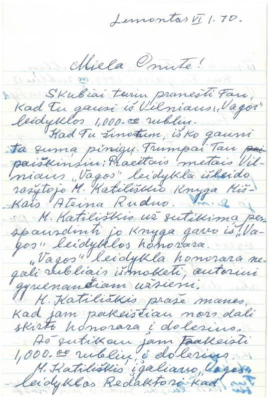 Kazio Balčiūno laiškas žmonai Onai Balčiūnienei. 1970 m. birželio 1 d.