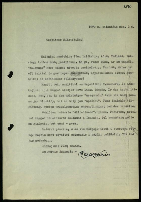 Žurnalisto Vytauto Kazakevičiaus ir rašytojų Mariaus Katiliškio, Zinaidos Nagytės-Katiliškienės korespondencija. 1966–1984 m.