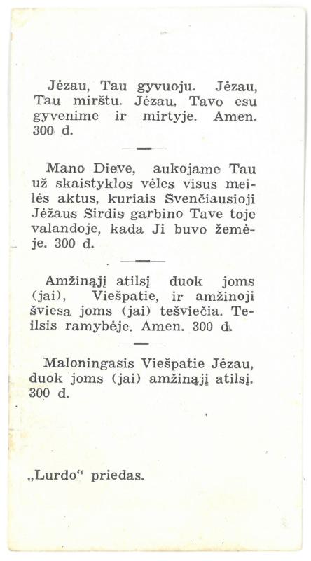 Religinis paveikslėlis – „Lurdo“ priedas. Priekinėje pusėje – Šv. Mišių vaizdas. Kitoje paveikslėlio pusėje – malda už mirusius